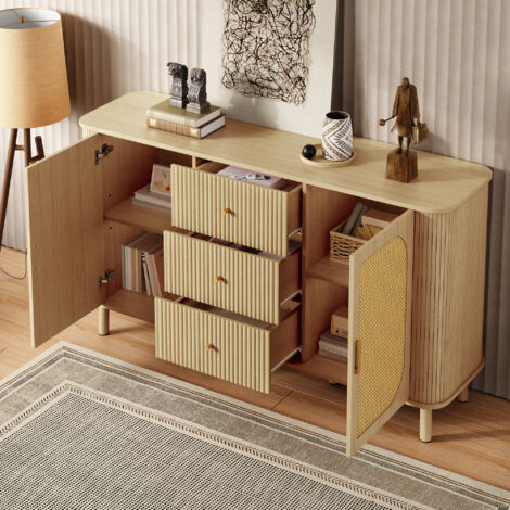 Buffet de cuisine en bois grainé, avec 2 portes et 3 tiroirs, meuble de rangement salon/chambre, porte en rotin, MDF, naturelle (1/5)