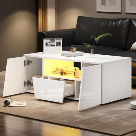 Table basse à LED rectangulaire 2 portes 1 tiroir avec rangement ouvert, table d'appoint salon chambre, 100×50×40cm, blanc (1/5)