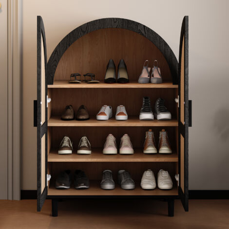 Meuble à chaussures capacité 12-15 paires, meuble d'entrée 2 portes 4 étagères, MDF, naturelle + noir (1/5)