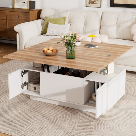 Table basse rectangulaire relevable avec rangement, 2 portes, 100×50×43cm, coloris blanc + naturel