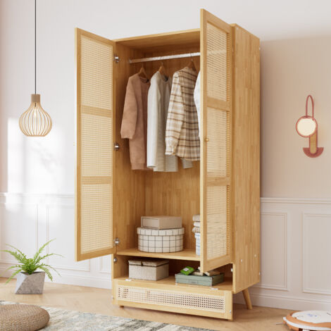 Armoire 183cm 2 portes 1 tringle à vêtements, meuble haut chambre et salon, porte en rotin, naturel (1/5)
