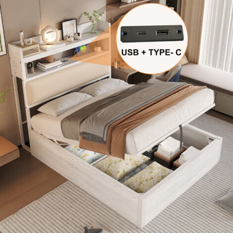Lit coffre adulte 90x200cm, hydraulique, tête de lit rembourrée avec port USB, MDF, sans matelas, blanc (1/5)