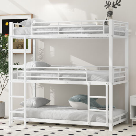 Lit superposé enfant 3 personnes 90×200cm, lit ado, sans matelas, métal, antichute, blanc (1/5)