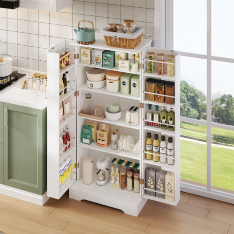 Buffet de cuisine 2 portes, meuble de rangement, avec éclairage LED à capteur, étagères réglables, 60×35×128cm, MDF, blanc, conception de la ligne (1/5)