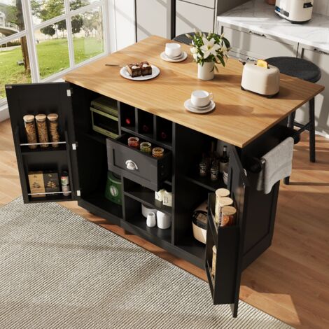 Desserte de cuisine sur roulettes, buffet 2 portes 1 tiroir avec rangement ouvert, 140×70×93cm, MDF, noir