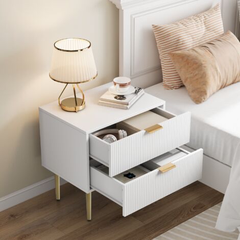Table de chevet de chambre blanche avec rangement, 2 tiroirs, 4 pieds en métal, MDF, 53×41×52cm (1/5)