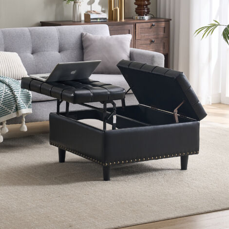 Tabouret relevable avec rangement, adapté au salon et à la chambre, ​​75×75×41cm, PU, noir