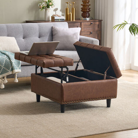 Tabouret relevable avec rangement, adapté au salon et à la chambre, PU, ​​75×75×41cm, PU, marron