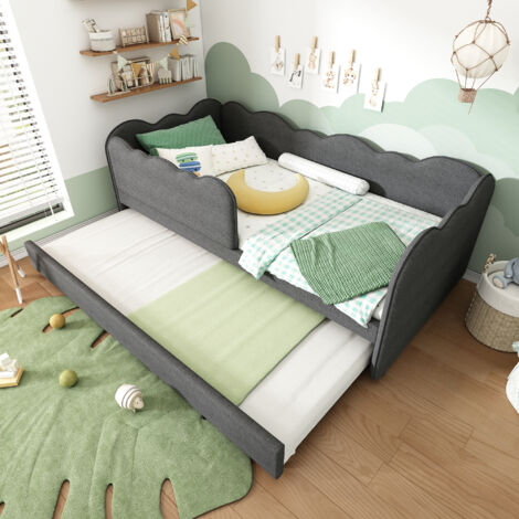 Canapé-lit enfant 90x190cm, lit gigogne, sommier à lattes tapissé, sans matelas, lin, gris