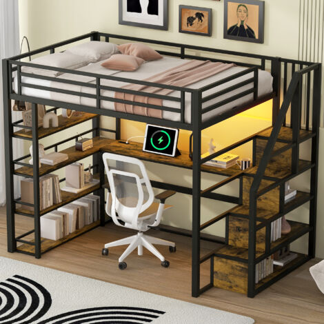 Lit Mezzanine 140x200 Cm Avec Bureau - Structure Métal Noir (sans Matelas