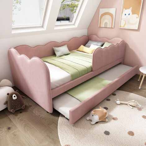 Canapé-lit enfant 90x190cm, lit gigogne, sommier à lattes tapissé, sans matelas, velours, rose