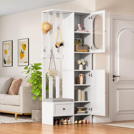 Armoire, meuble d'entrée de chambre, avec tabouret, 6 patères, 2 portes et 1 tiroir, 85x33.5x200cm, blanc (1/5)