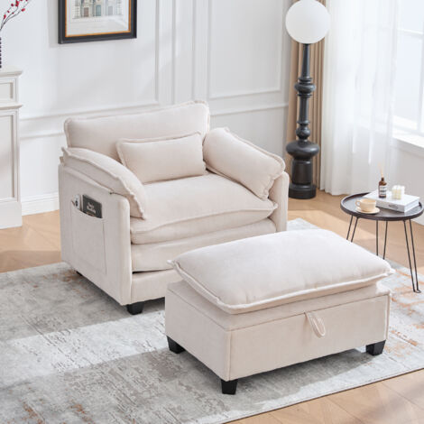 Hauss Spole – Canapé relax 1 place en chenille beige – Dossier épais et accoudoirs – Pouf de rangement multifonction – Dimensions 103x85x91cm