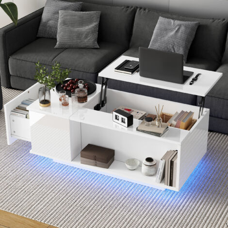 Table basse relevable, avec LED, 1 tiroir, table de salon et de chambre, panneaux de particules, 100×50×40cm, blanc (1/5)