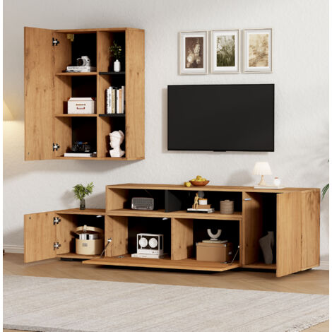 Ensemble de meubles de salon 2 pièces, vitrine murale + meuble TV avec longueur réglable 174-265 cm, avec rangement, naturel (1/5)