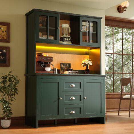 Buffet LED, 4 portes et 3 tiroirs, meuble haut de cuisine et de séjour, rangement ouvert, MDF, 120×40×179 cm, vert (1/5)