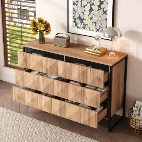 Buffet de cuisine, commode 6 tiroirs, veinage bois, pieds métal, naturel, 120×40×80cm (1/5)
