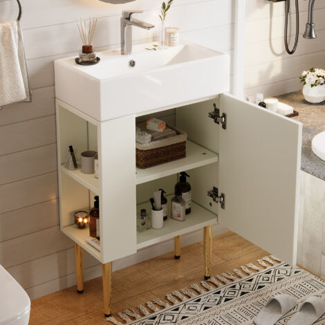 Meuble de salle de bain avec vasque 55 cm, meuble vasque, armoire de salle de bain, 55×31×91cm, MDF, blanc (1/5)