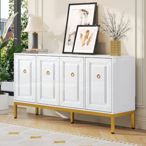 Buffet de cuisine avec rangement, 4 portes, étagères réglables, meuble de rangement, meuble haut, pieds en métal, MDF, blanc + or (1/5)