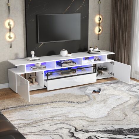 Meuble TV LED avec rangement, 2 portes et 1 tiroir, meuble bas de salon et de chambre - jusqu'à 75 pouces, 180×38×45cm, blanc (1/5)
