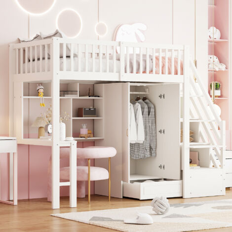 Lit mezzanine enfant en bois 90x200cm, avec penderie et bureau, échelle de rangement, sans matelas, antichute, blanc