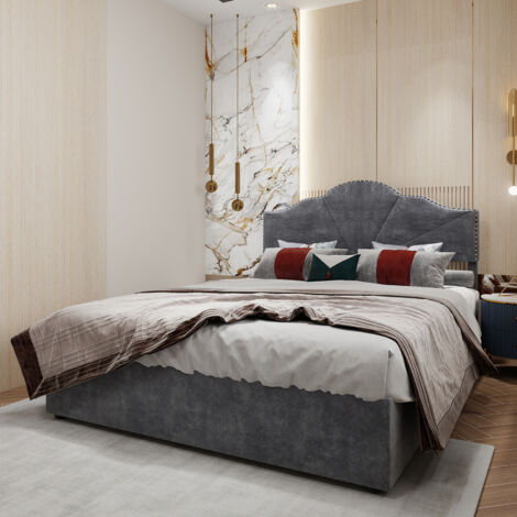 Lit coffre adulte 160×200 cm, lit double rembourré, hydraulique, sommier à lattes, sans matelas, tissu, gris (1/5)