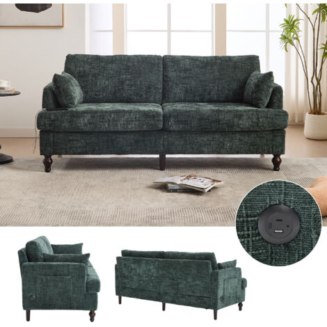 Canapé 2 places en chenille avec LED, canapé droit pour salon et chambre, port USB, poche de rangement, 175x83x78 cm, vert (1/5)