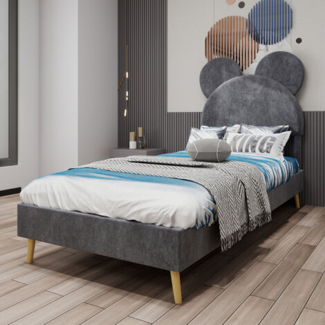 Lit enfant adulte 90x200 cm, lit simple, tête de lit dessin animé, sommier à lattes tapissé, sans matelas, MDF, gris (1/5)