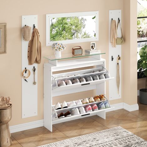 Meuble à chaussures 4 pièces avec miroir, 2 porte-manteaux, meuble de salon/entrée, 8 crochets, blanc (1/5)