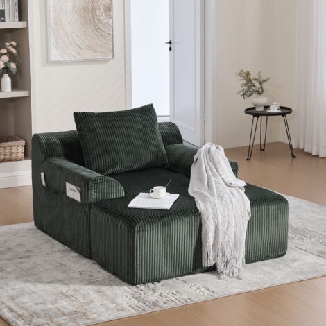 Canapé de relax avec repose-pieds, fauteuil rembourré avec poches latérales et coussins, rembourrage en mousse - velours côtelé, vert