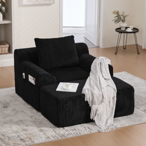 Canapé de relax avec repose-pieds, fauteuil rembourré avec poches latérales et coussins, rembourrage en mousse - velours côtelé, noir