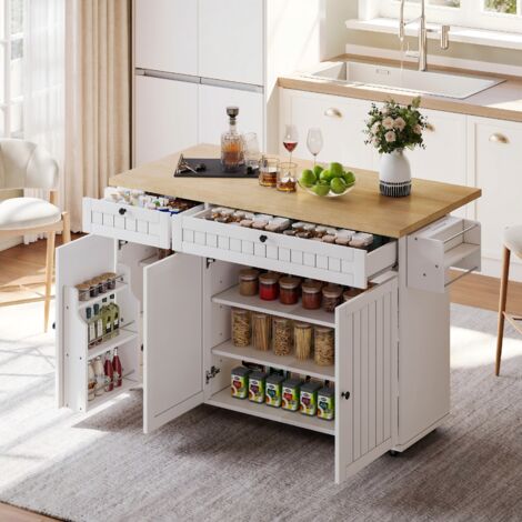 Desserte de cuisine à 6 roulettes, plateau rabattable 45-70 cm, buffet 3 portes et 2 tiroirs avec étagères réglables, MDF, blanc