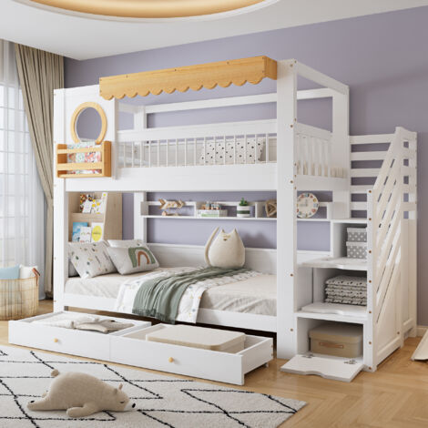 Lit superposé 90x200cm en bois, lit enfant avec 2 tiroirs, échelle de rangement + étagère, antichute, sans matelas, blanc + naturel (1/5)