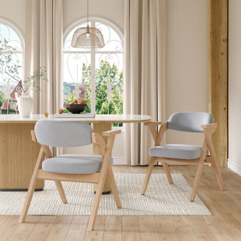Lot de 2 chaises de salle à manger pliantes, fauteuil en lin, structure en bois - Salon/Cuisine, Gris + Naturel