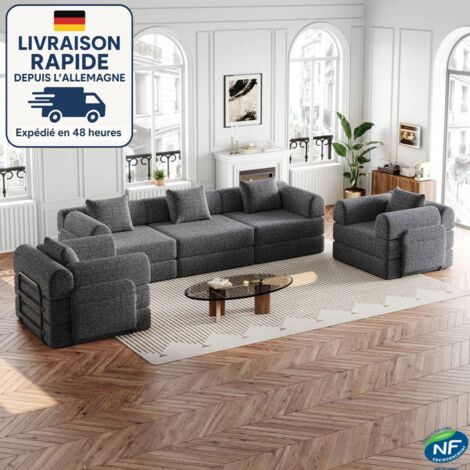 Canapé convertible chenille avec coussins, fauteuil, canapé rembourré avec accoudoirs et rangement - Combinaison libre, 6 places, gris (1/5)