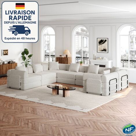 Canapé convertible chenille avec coussins, fauteuil, canapé rembourré avec accoudoirs et rangement - Combinaison libre, 6 places, gris clair (1/5)