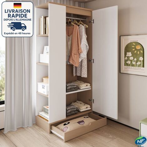 Armoire avec tringle à vêtements, meuble haut d'entrée chambre, meuble de rangement, 1 tiroir 3 étagères ouvertes, 70x40x170 cm, en bois, blanc+naturel (1/5)