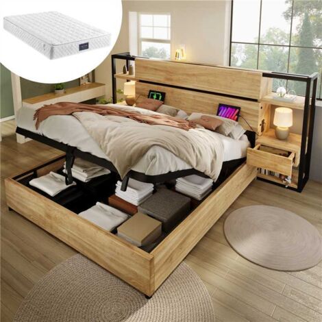 Lit coffre 160x200 cm, lit double adulte, hydraulique, tête de lit coffre, USB+Type-C, avec matelas, MDF+métal, coloris naturel (1/5)