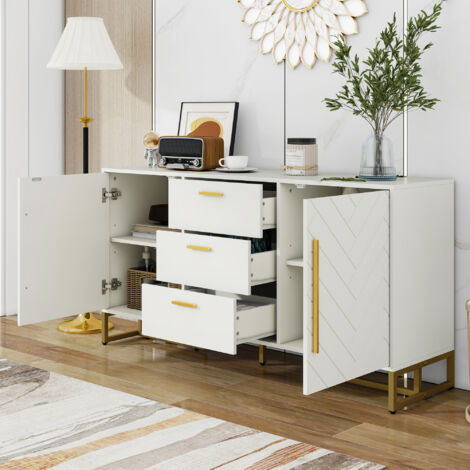 Buffet bas de cuisine, meuble avec 2 portes et 3 tiroirs, étagères réglables, poignées dorées, 145×40×75cm, MDF, blanc