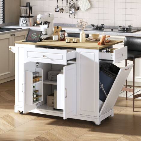Desserte de cuisine sur roulettes, îlot central, table de bar pliante, compartiment trieur de déchets, prise électrique, 2 tiroirs, MDF, blanc