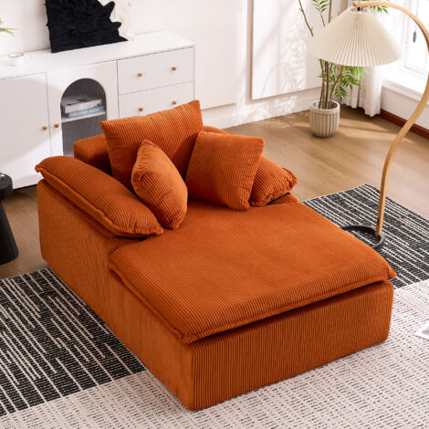 Canapé relax, fauteuil 1 place avec fonction couchage, 2 accoudoirs et 3 coussins, velours côtelé, Style moderne, Orange