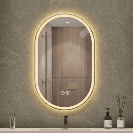 Miroir ovale mural avec éclairage tricolore, miroir de salle de bain, luminosité réglable - incassable, 60×90 cm