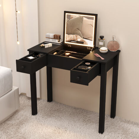 Coiffeuse noire avec miroir LED 3 couleurs, 2 tiroirs, finition mate ...