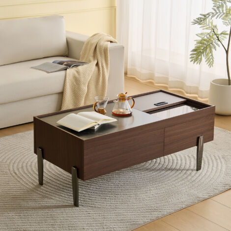 Table basse rectangulaire avec tiroirs, plateau en verre, pieds en métal, MDF, 105x50x41,5cm, marron (1/5)