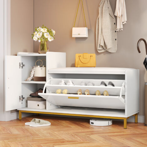 Meuble chaussure entrée, Meuble à chaussures avec 2 portes , coussins et meuble de rangement, 100x38x68 cm, blanc