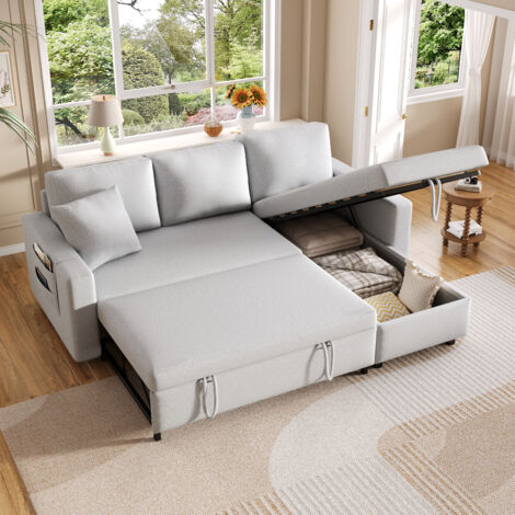 Canapé d'angle convertible 3 places avec rangement, 2 coussins et sacs de rangement, meuble de salon chambre, lin, gris clair (1/5)