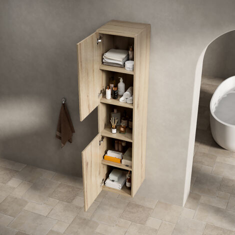 Meuble de salle de bain mural 160 cm meuble haut avec 5 étagères et 1 compartiment de rangement ouvert, contreplaqué, grain de bois (1/5)