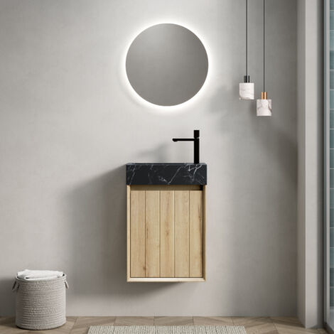 Meuble de salle de bain mural 40 cm avec lavabo encastré, plan vasque effet marbre noir, corps en contreplaqué à rainures, Natural (1/5)