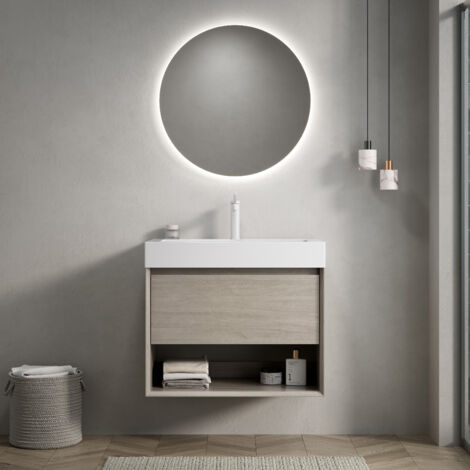 Meuble de salle de bain mural 70 cm, avec lavabo blanc en résine intégrée, meuble en contreplaqué avec 1 tiroir 1 étagère ouverte, naturelle (1/5)