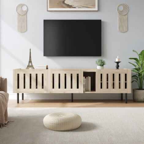 Meuble TV 3 portes - convient aux téléviseurs de 65 pouces, placage à grain de bois, design ajouré, 160×40×47 cm, MDF, Naturelle (1/5)